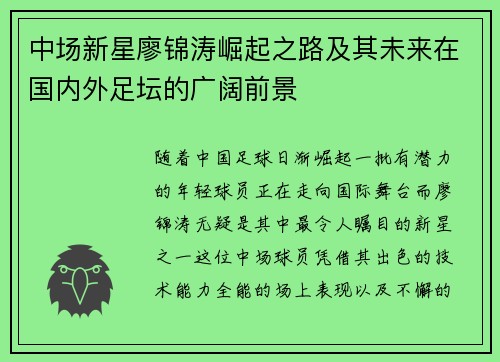中场新星廖锦涛崛起之路及其未来在国内外足坛的广阔前景